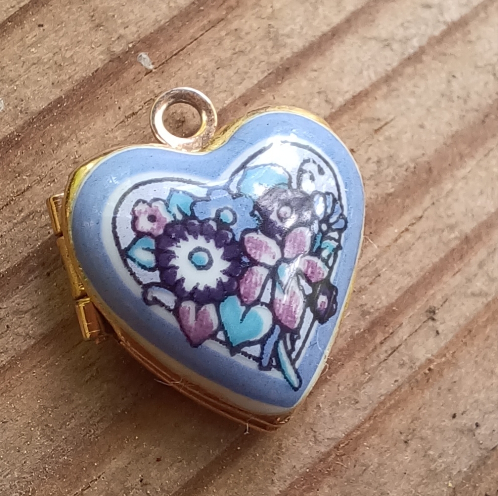 Heart Shaped Floral Enamel Locket - Blue and Pink